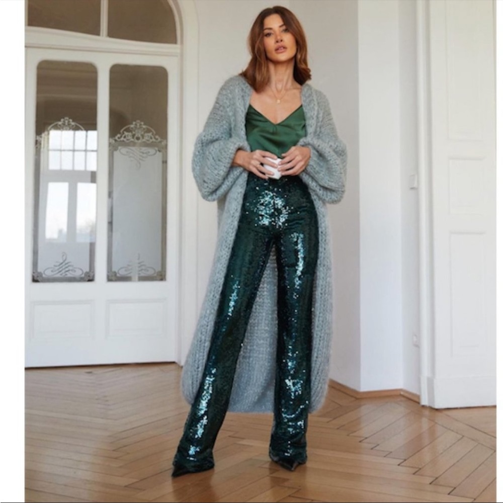 ZARA NWT BLOGGER FAVE Emerald Green Sequin Flare Leg Pants Holiday Party Pants - Picture 11 of 17